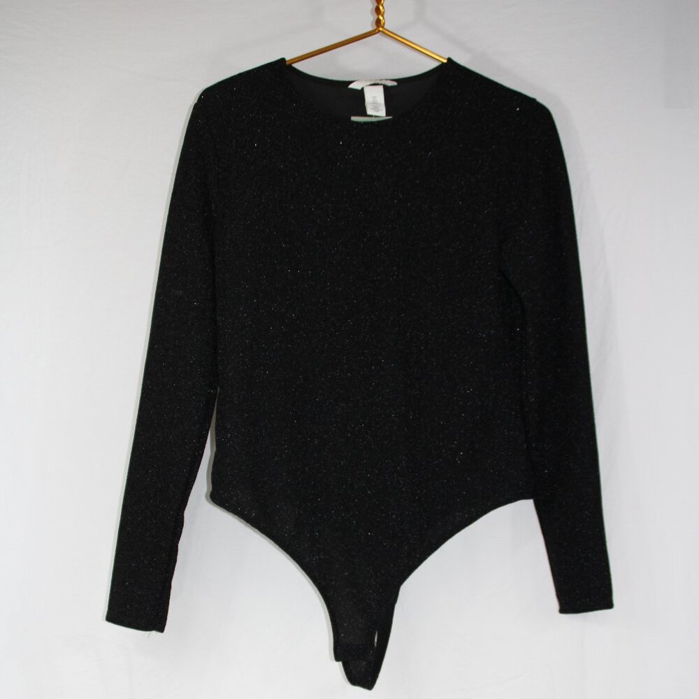 H&M Women's Black Sparkle Long Sleeve Bodysuit Size Large Snap Bottom NEW